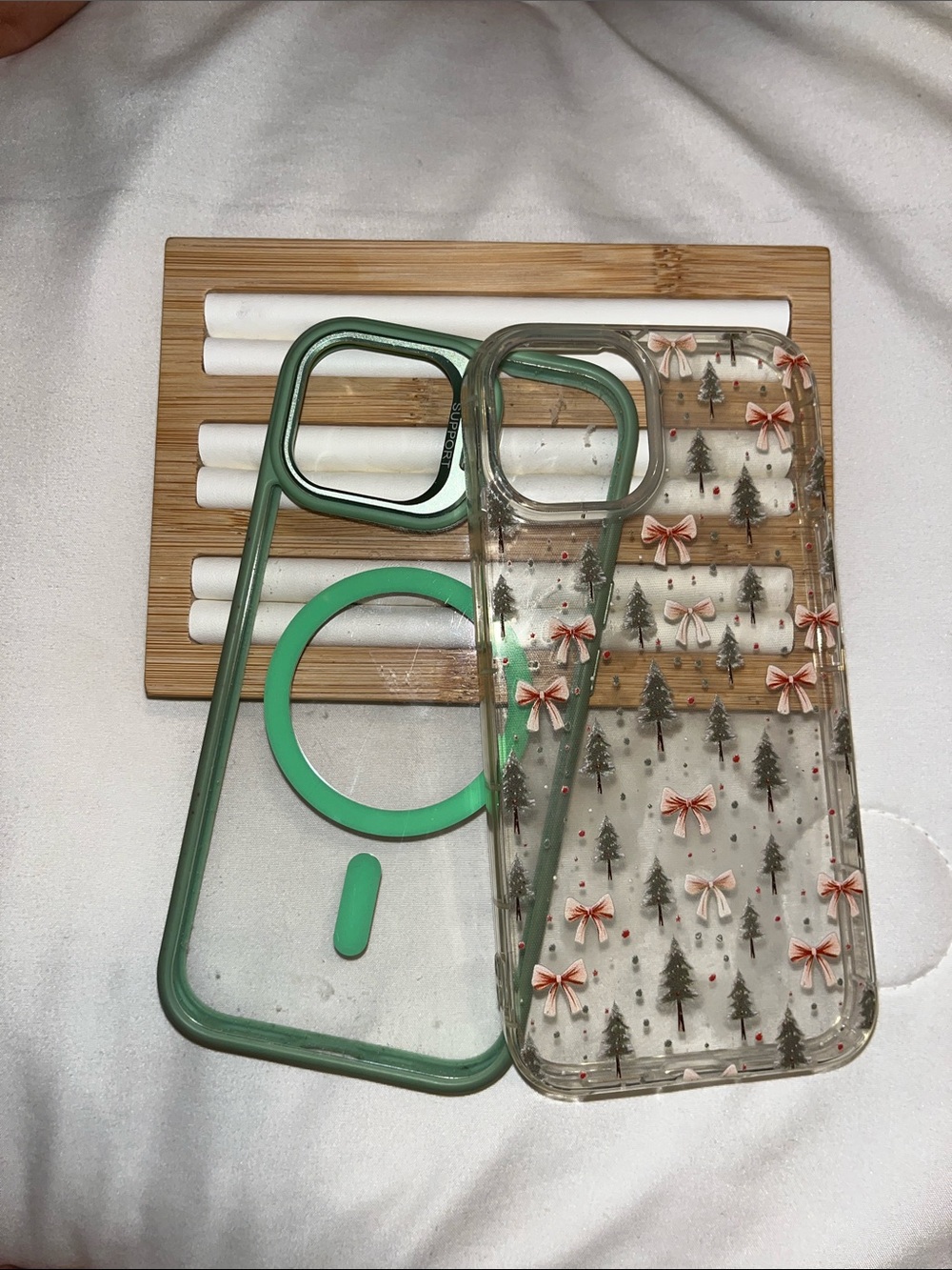 iPhone 13 Green MagSafe-Compatible Clear Phone Case with Festive Tree Design